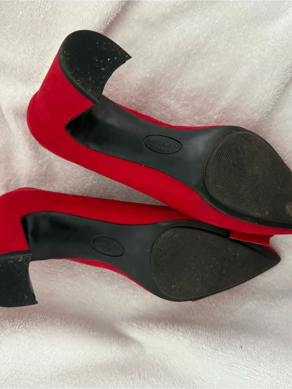 Anne Klein Red Suede Pointed Toe Block Heels with Buckle Accent